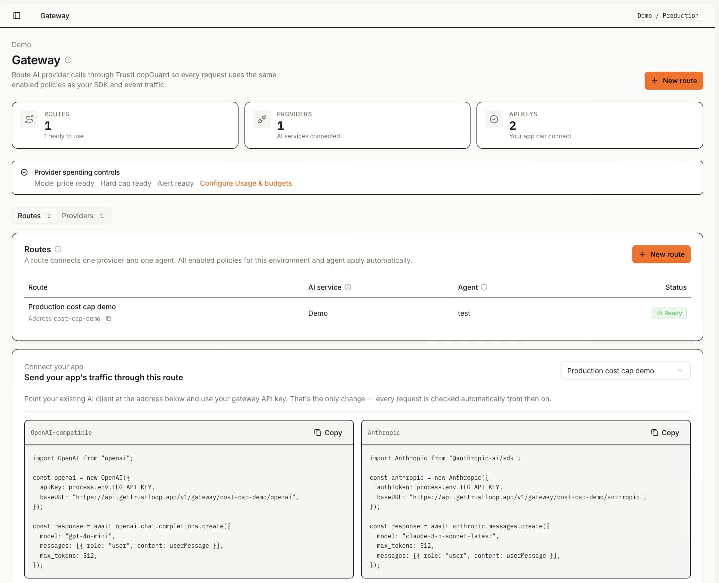 Production Gateway route with all provider spending controls ready